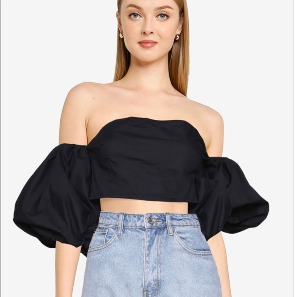 Missguided Black Bardot Satin Off Shoulder Extreme Puff Sleeve Crop Top 12